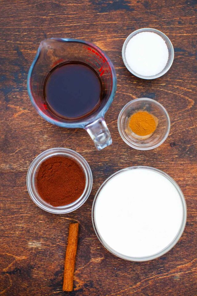 overhead shot of mocha latte ingredients in bowls on a table