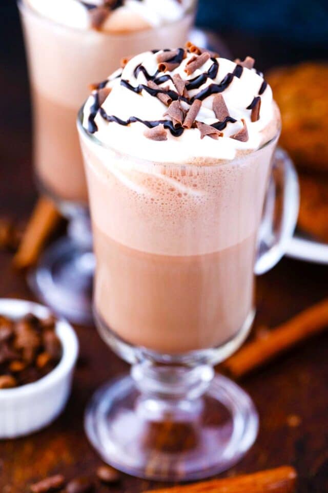 mocha latte in a tall glass cu[