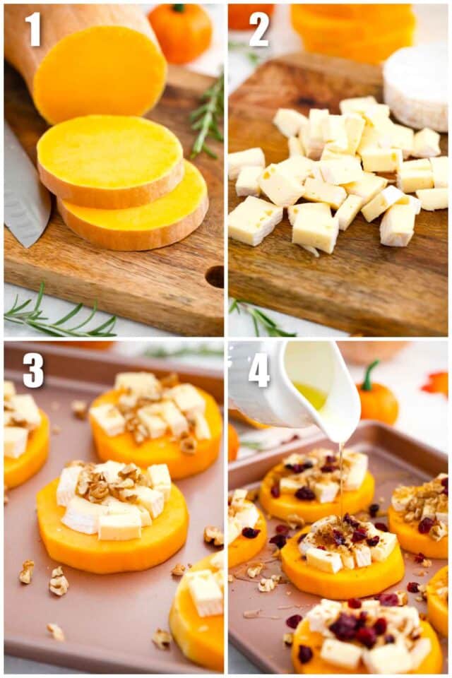 collage of 4 photos showing how to make butternut squash brie