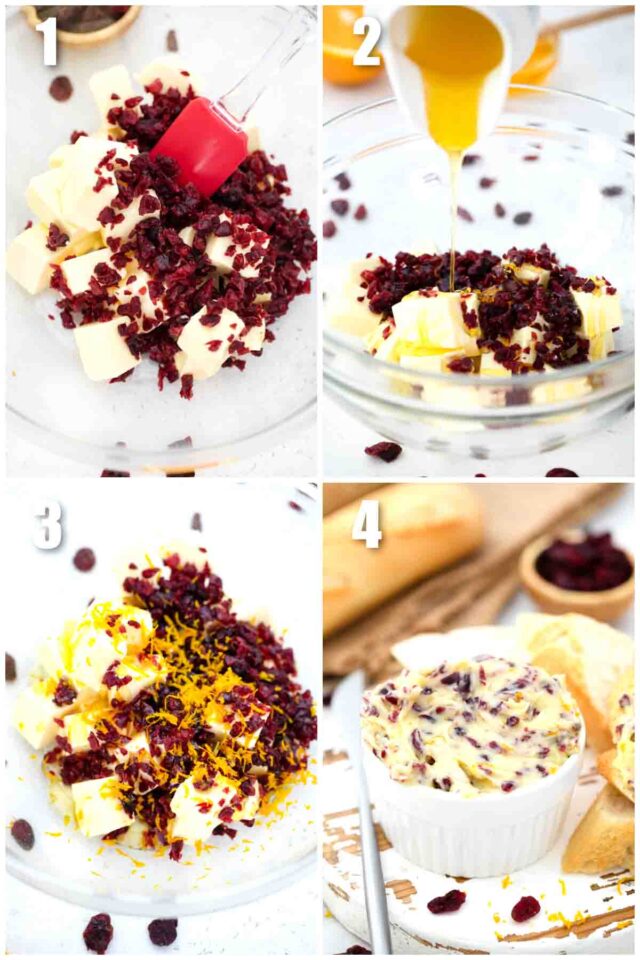 collage of four photos showing how to make cranberry honey butter
