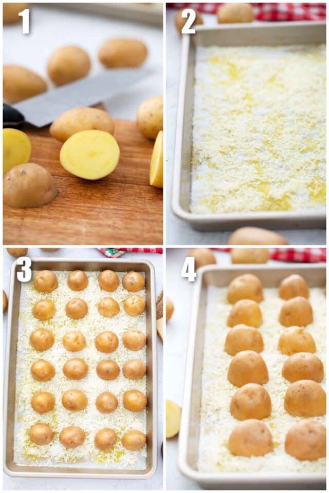 collage of four photos showing how to make crispy parmesan potatoes