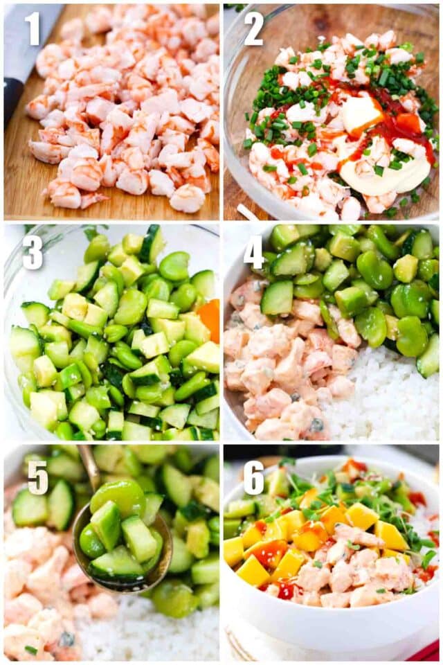 collage of six photos showing how to make shrimp sushi bowl