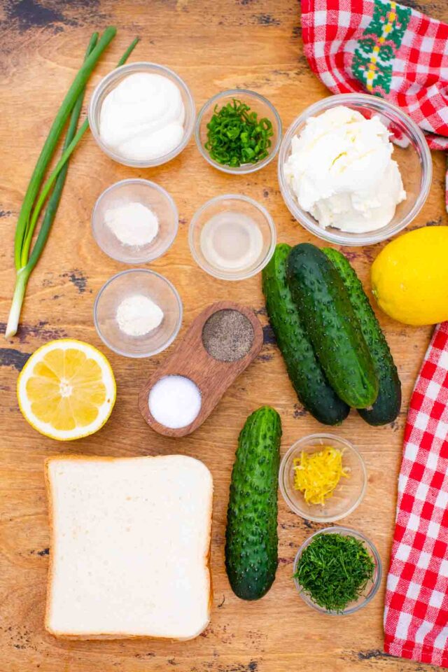 cucumber sandwiches ingredients in bowls on a table