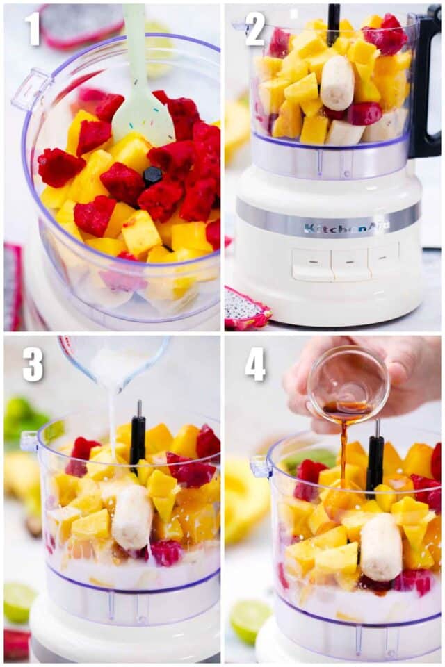 collage of photos showing how to make dragon fruit smoothie