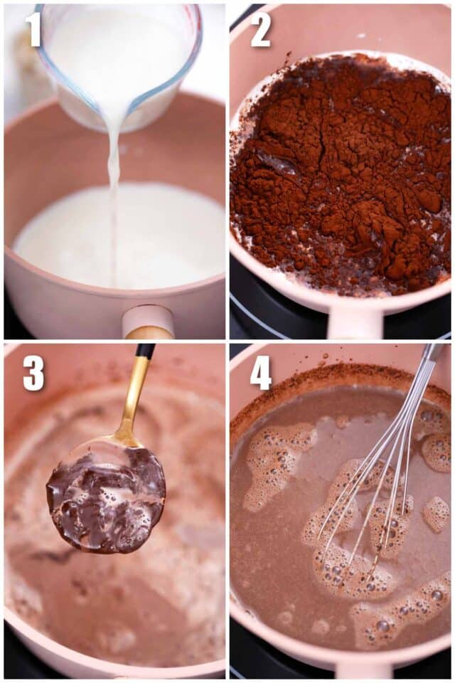 photo collage of steps how to make easy baileys hot chocolate