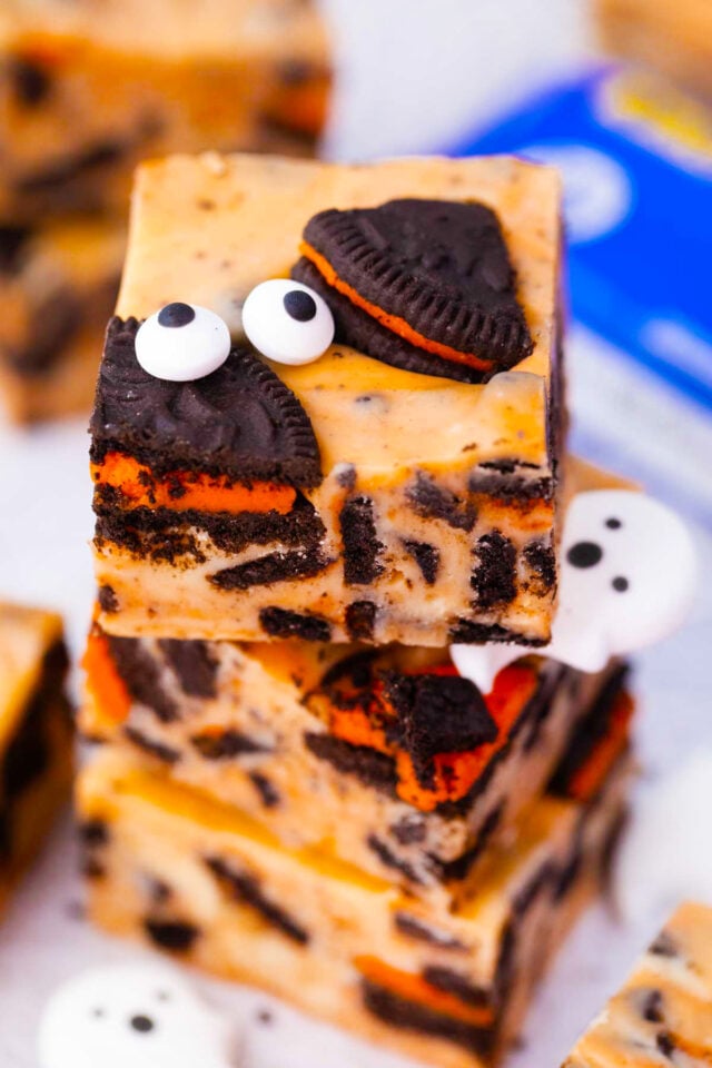 Stacked Halloween Oreo fudge with eyeballs.