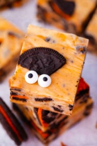 Orange Halloween Oreo fudge with eyeballs.