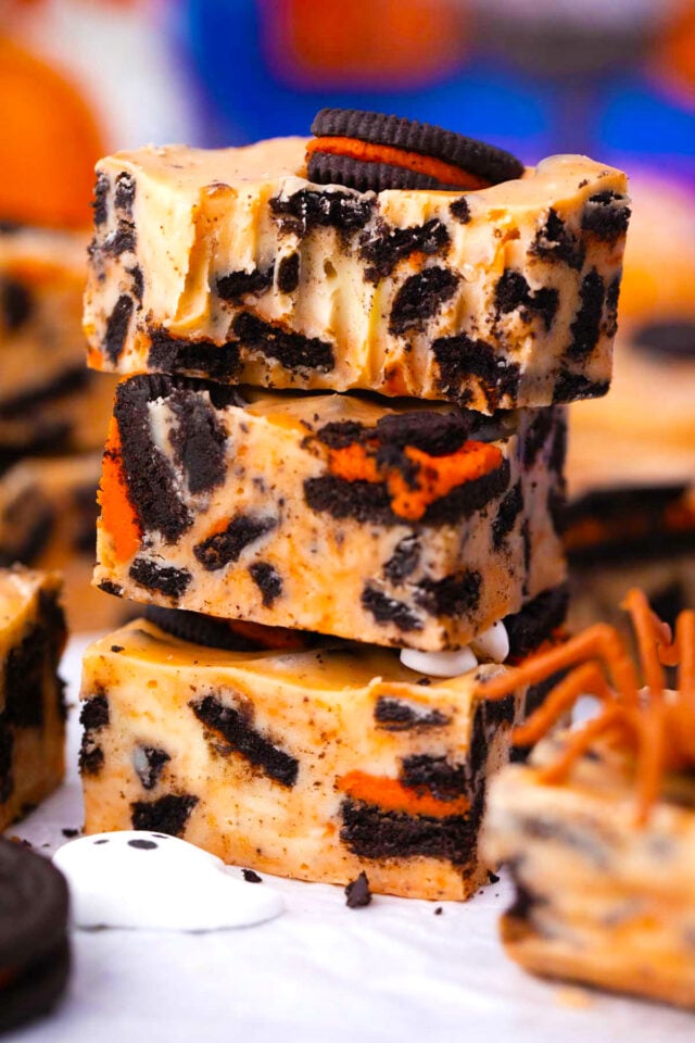 Orange Halloween Oreo fudge with chopped orange Oreos.